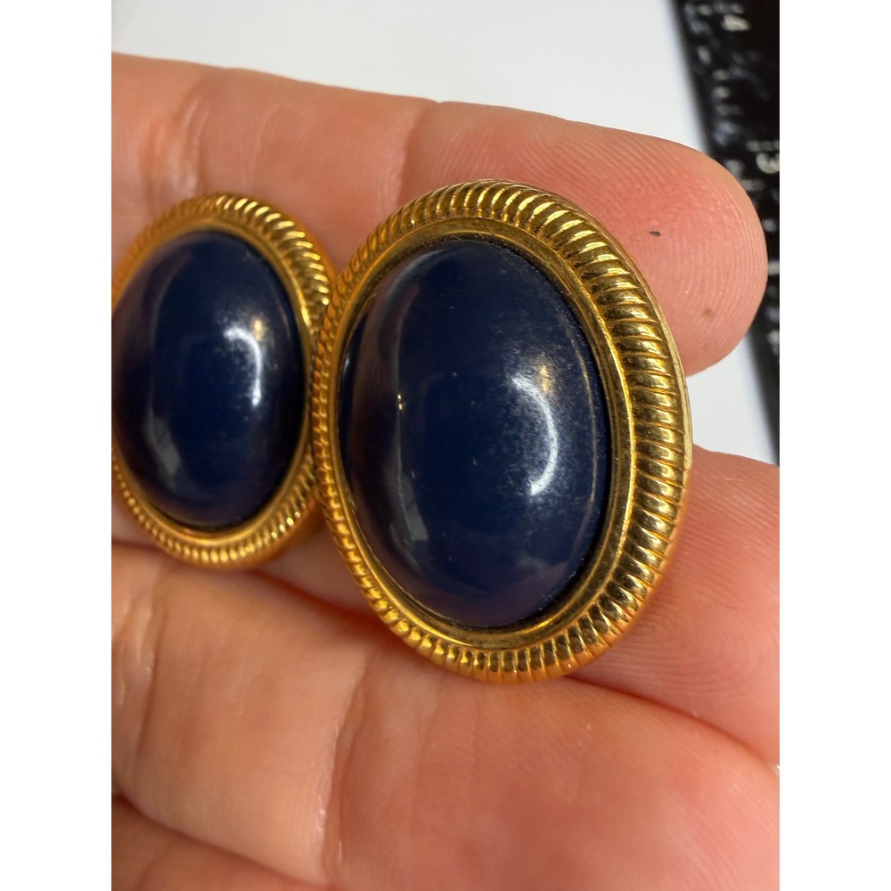 Vintage Gold Tone Navy Blue Oval Cabochon Rope Border Stud Earrings